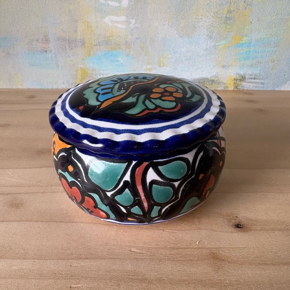 Vintage Talavera Ceramic Trinket Box with Lid - Blue and Green